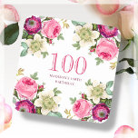 Pink Floral 100th Birthday  Square Paper Coaster<br><div class="desc">Pink Floral 100th Birthday party coasters.</div>