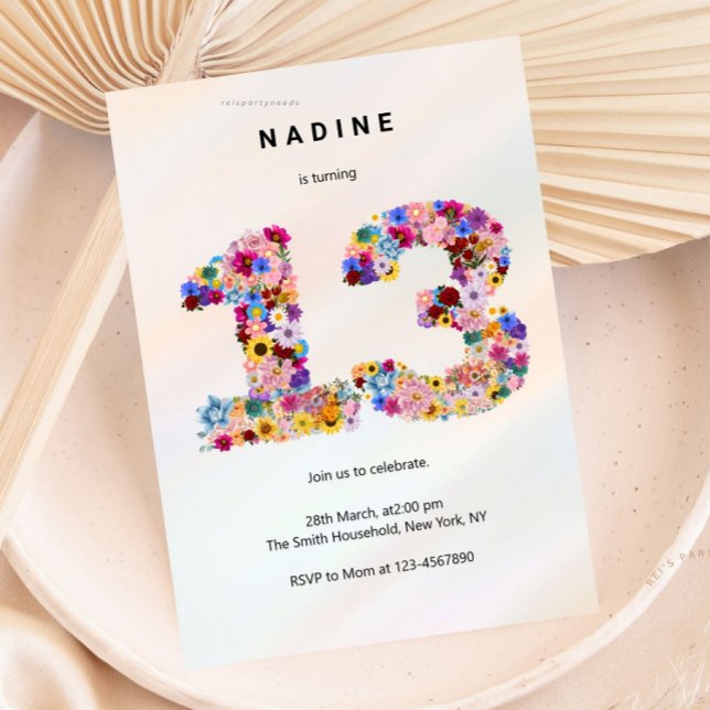 Pink Floral 13th Birthday Garden Spring Wildflower Invitation (boho soft pink floral, flower arrangement, invitation invite, cute unique girly, elegant modern, bir)