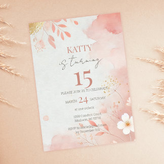 Pink Floral 15th Birthday Invitation 
