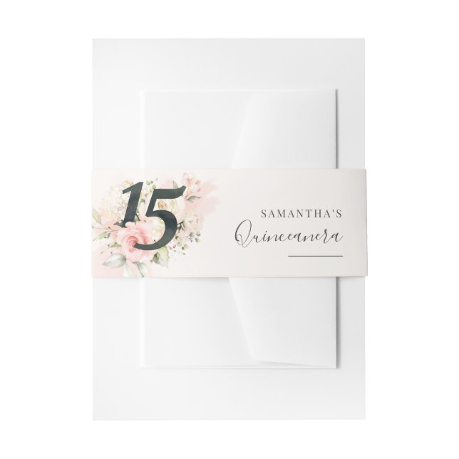 Pink Floral 15th Birthday Quinceanera Invitation Belly Band (Front Example)
