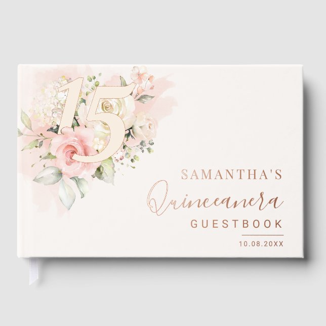 Pink Floral 15th Birthday Quinceanera Rose Gold Guest Book (Front)