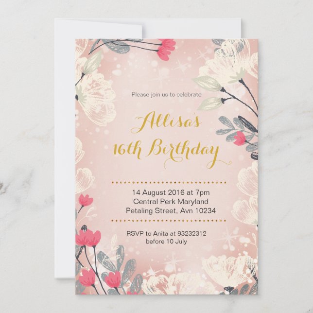 Pink Floral 16th Birthday Invitation (any age) (Front)