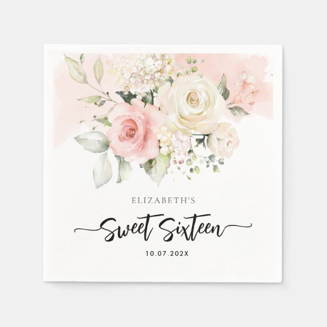 Pink Floral 16th Birthday Party Paper Napkin (Front)