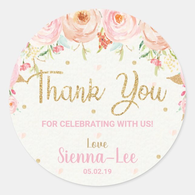 Pink Floral 1st Birthday Baby Shower Thank You Classic Round Sticker (Front)