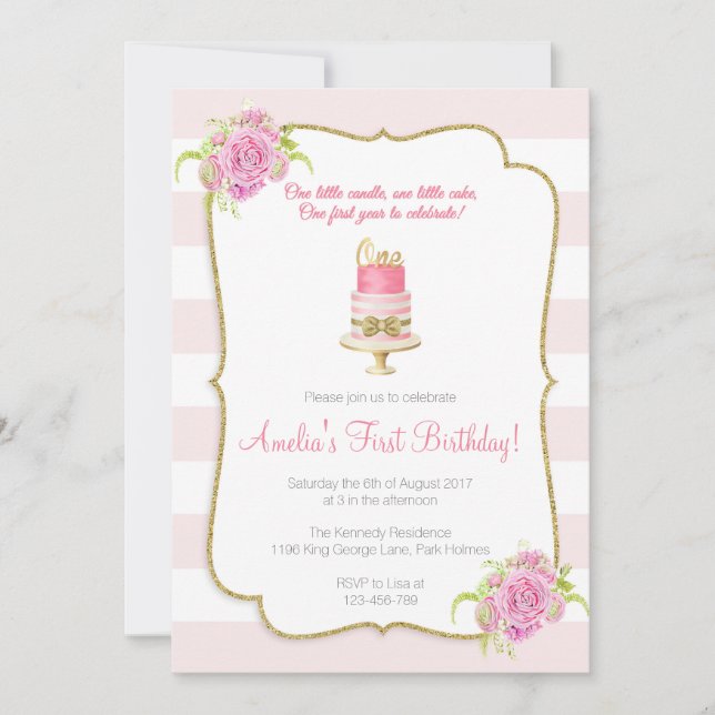 Pink Floral 1st Birthday First Invitation (Front)