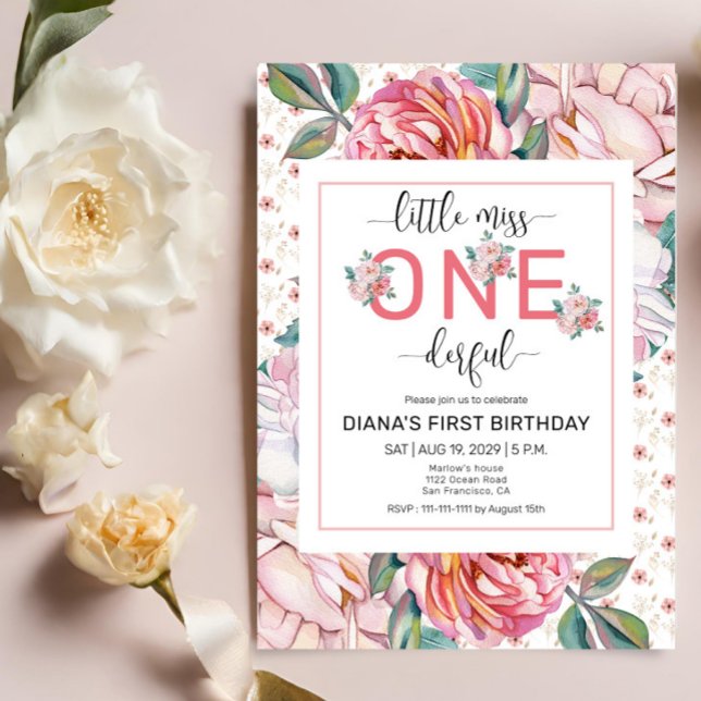 Pink Floral 1st Birthday Invitation (Creator Uploaded)