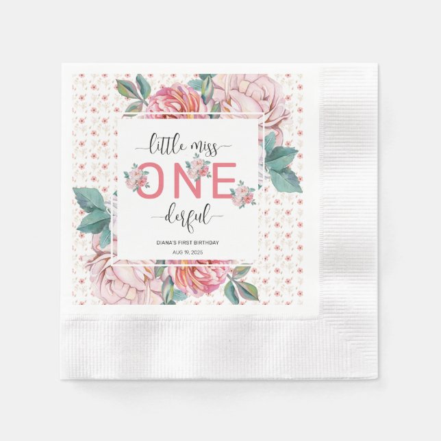 Pink Floral 1st Birthday Paper Coined Napkin (Front)