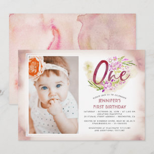 Pink Floral 1st Birthday Photo Invitation
