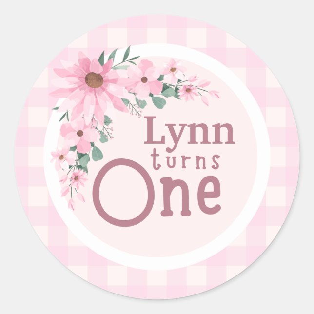 Pink Floral 1st Birthday Sticker (Front)