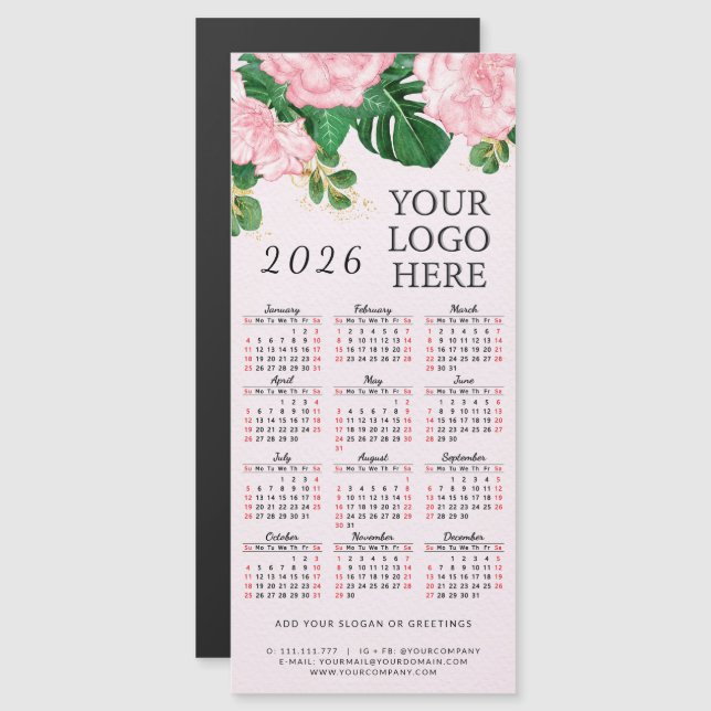 Pink Floral 2026 Calendar Magnet Add Business Logo (Front/Back)