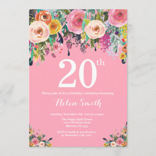 Pink Floral 20th Birthday Invitation