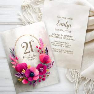Pink Floral 21st Birthday Party Invitation