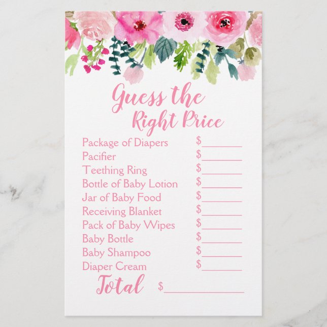Pink Floral 2 Baby Shower Games Guess Price & Food (Front)