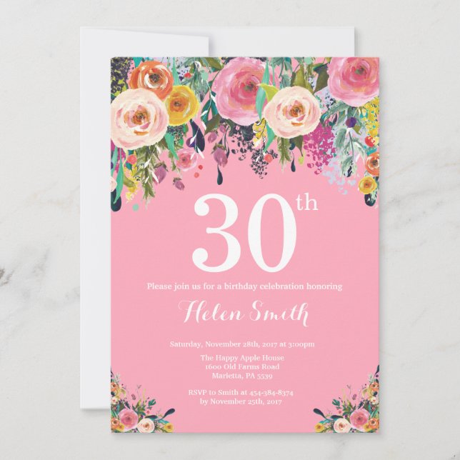 Pink Floral 30th Birthday Invitation (Front)