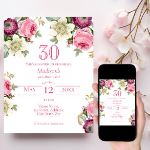 Pink Floral 30th Birthday Invitation