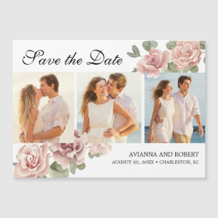 Pink Floral 3 Photo Wedding Magnetic Save the Date