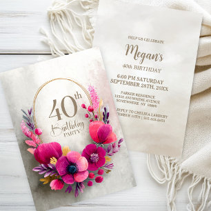 Pink Floral 40th Birthday Party Invitation