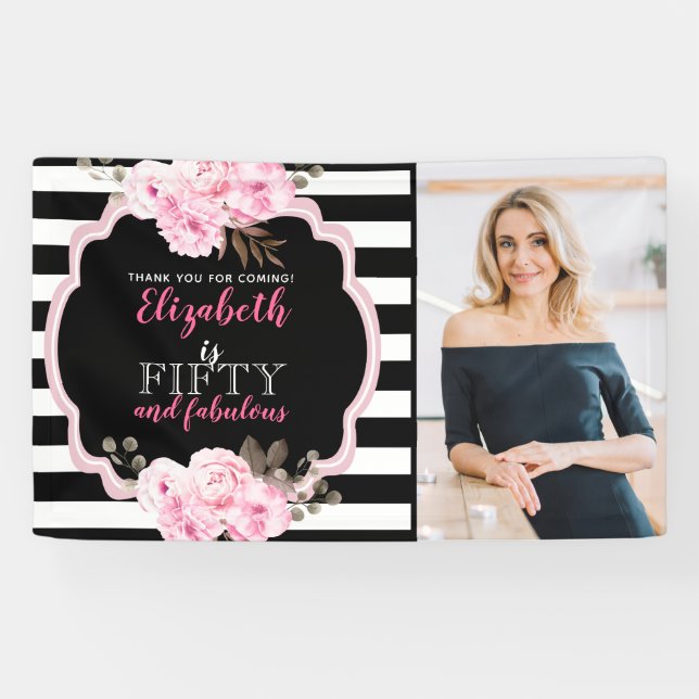 Pink Floral 50 and Fabulous Photo Black & White Banner (Horizontal)