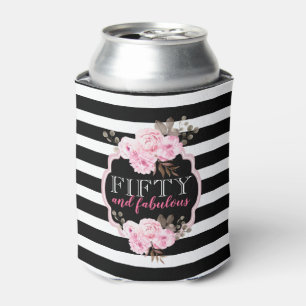 Pink Floral 50 & Fabulous Black White Stripe Can Cooler