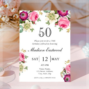 Pink Floral 50th Birthday Invitation