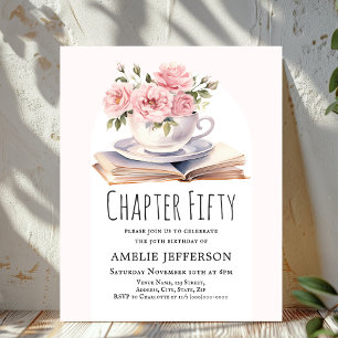 Pink Floral 50th Book Theme Birthday Invitation