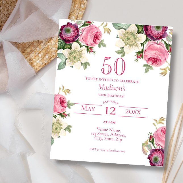 Pink Floral | 50th Budget Birthday Invitation (Creator Uploaded)