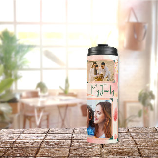 Pink Floral 5 Photos Collage & Custom Text Thermal Tumbler
