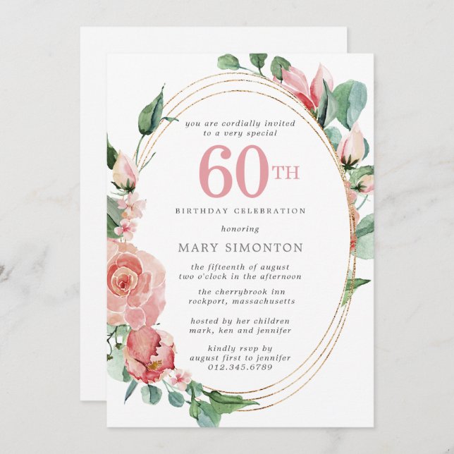 Pink Floral 60th Birthday Party Invitation (Front/Back)