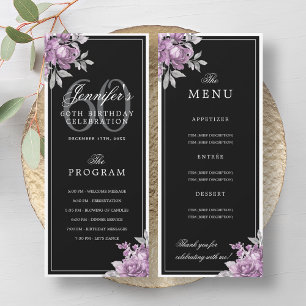 Pink Floral 60th Birthday Program Menu Black Invitation
