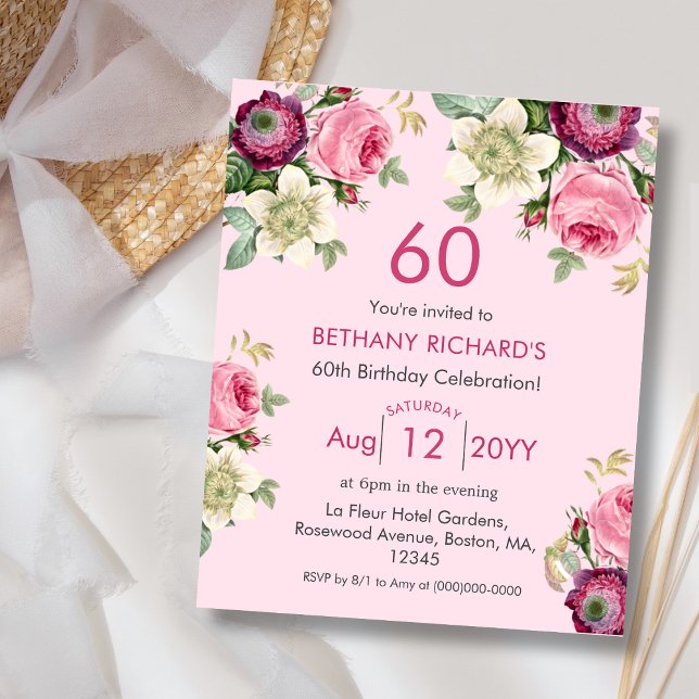 Pink Floral | 60th Budget Birthday Invitation (Creator Uploaded)