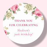 Pink Floral | 70th Birthday Party Favour Classic Round Sticker<br><div class="desc">Looking for a special way to say thank you to your guests for celebrating your birthday with you? Look no further than our customisable pink floral favour stickers! These elegant stickers feature a beautiful pink floral design that will perfectly complement your party's theme. Plus, you can personalise them with your...</div>