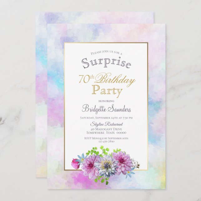 Pink Floral 70th Birthday Surprise Party Invitation (Front/Back)