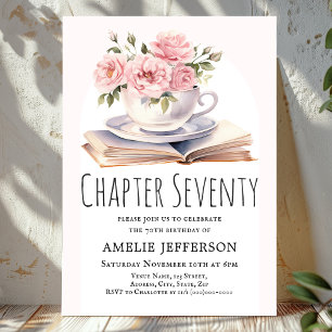 Pink Floral 70th Book Theme Birthday  Invitation