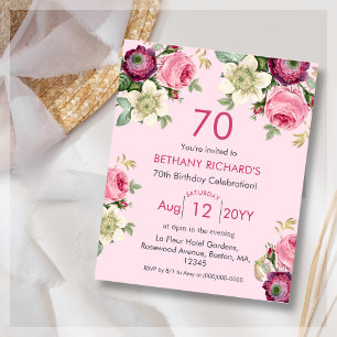 Pink Floral   70th Budget Birthday Invitation