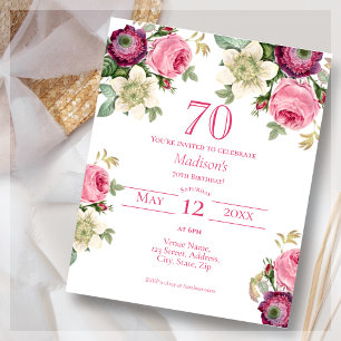 Pink Floral   70th Budget Birthday Invitation