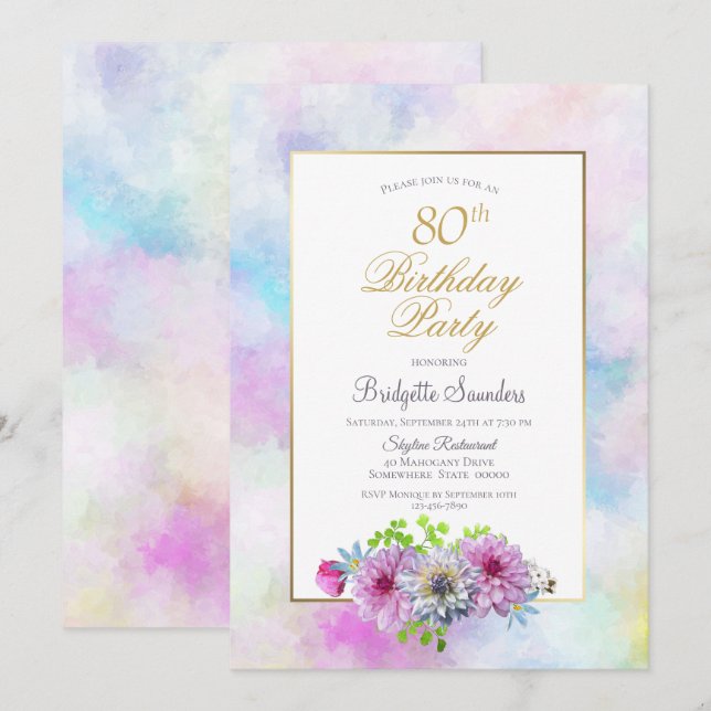 Pink Floral 80th Birthday Invitation (Front/Back)