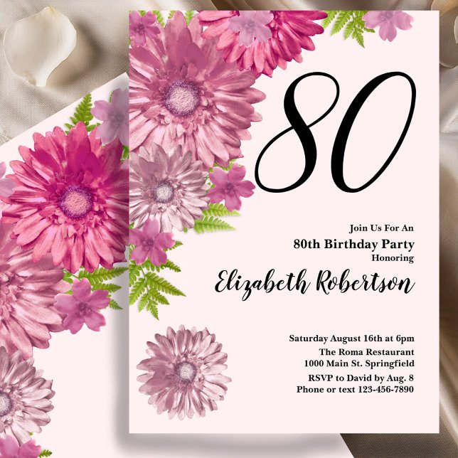 Pink Floral 80th Birthday Invitation in Blush Pink (Creator Uploaded)