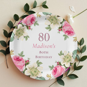 Pink Floral 80th Birthday  Paper Plate
