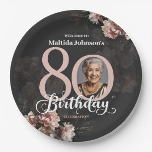 Pink Floral 80th Birthday Paper Plate