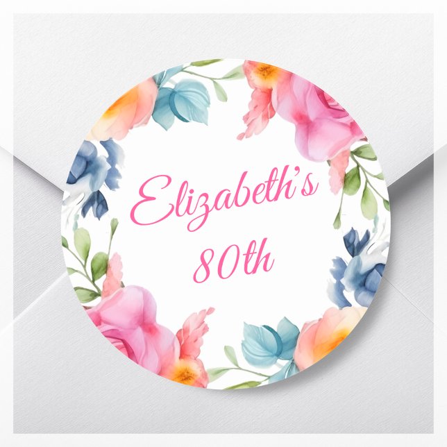 Pink Floral 80th Birthday Party Favour Classic Round Sticker (Creator Uploaded)