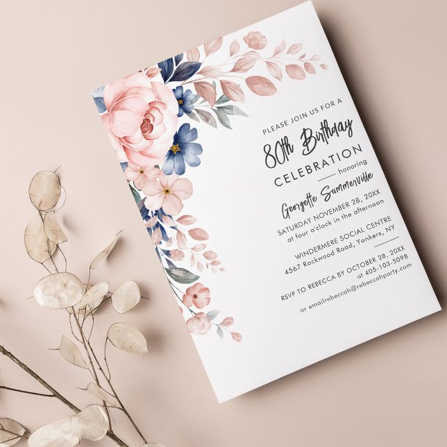 Pink Floral 80th Birthday Party Invitation (Creator Uploaded)