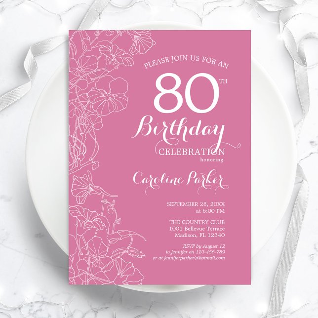 Pink Floral 80th Birthday Party Invitation (Creator Uploaded)