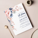 Pink Floral 80th Birthday Party Script Invitation<br><div class="desc">Announce and celebrate the upcoming birthday with our modern pastel pink indigo blue watercolor floralt invitation. Featuring beautiful botanical watercolor bloom. Simply personalise with your party details by clicking the customise it button to further re-arrange and format the style and placement of the text. The reverse of this invitation features...</div>