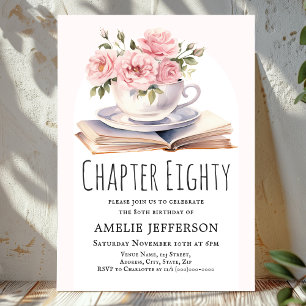 Pink Floral 80th Book Theme Birthday  Invitation