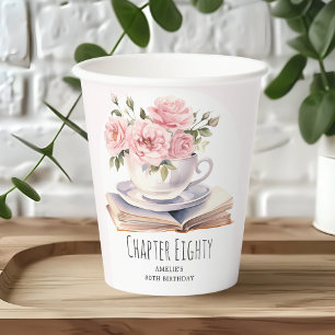 Pink Floral 80th Book Theme Birthday  Paper Cups