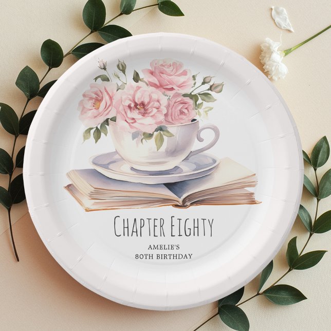 Pink Floral 80th Book Theme Birthday  Paper Plate (Creator Uploaded)