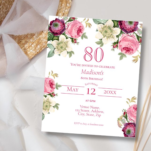 Pink Floral | 80th Budget Birthday Invitation (Creator Uploaded)