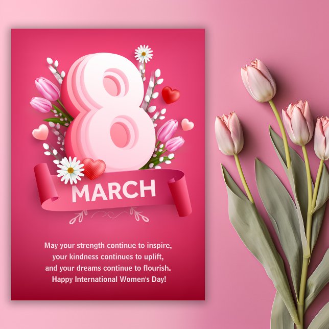 Pink Floral 8 March International Womens Day Holiday Card (Creator Uploaded)