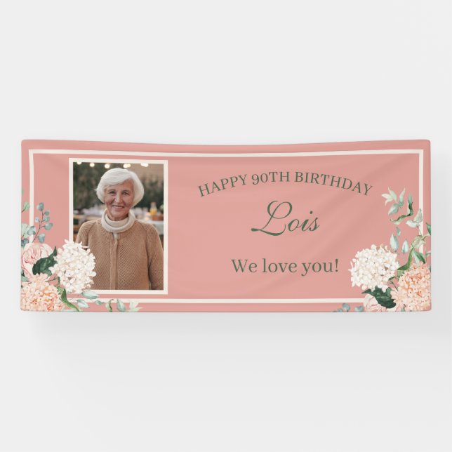Pink Floral 90th Birthday Banner (Horizontal)
