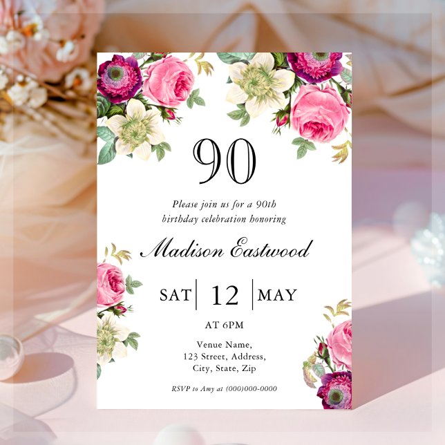 Pink Floral 90th Birthday Invitation (Creator Uploaded)